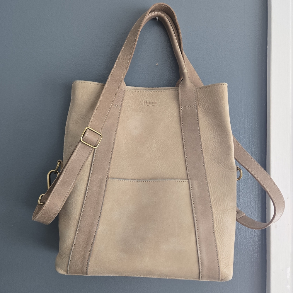 Roots Beige Leather Tote Bag Crossbody Purse